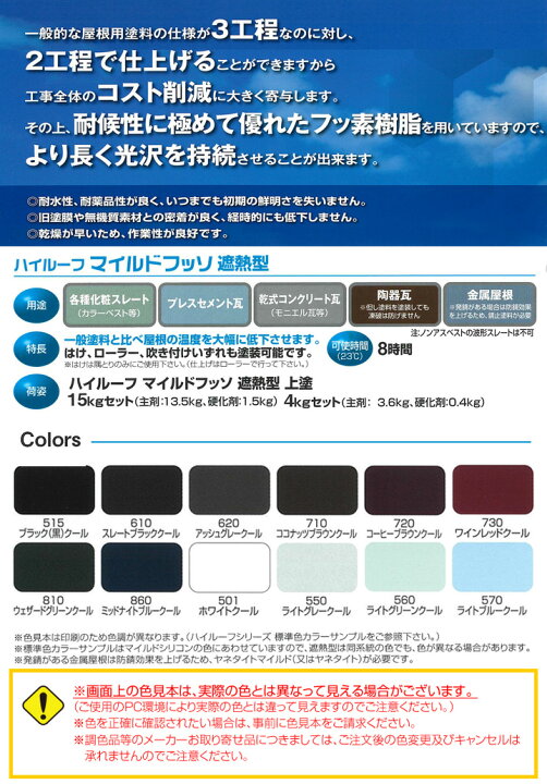 楽天市場】大同塗料 ハイルーフ マイルドフッソ遮熱型 上塗 15kgセット 