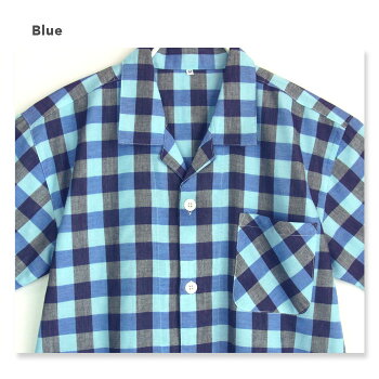 【綿100%】ダブルガーゼ夏半袖メンズパジャマ大きいサイズ先染めブロックチェックブルー/グリーン3L/4L/5L前開きシャツタイプおそろい