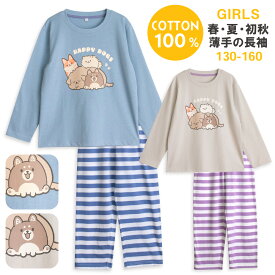 パジャマ キッズ 女の子 綿100％ 長袖 春 夏 柔らかく軽い薄手の快適Tシャツ かわいい 犬プリント ボーダー長パンツ グレージュ ブルー 130 140 150 160 子供 ガールズ ジュニア 部屋着 ルームウェア メール便なら 送料無料