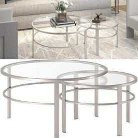 【2set】コーヒーテーブル ガラストップ スチールフレーム シルバー 丸いテーブル 海外家具 送料無料