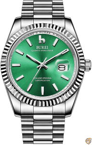 BUREI メンズ 腕時計 ファッション シンプル シルバーグリーン防水 クォーツ ウォッチ 男性 誕生日 プレゼント 腕時計 送料無料