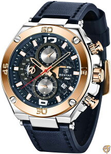BENYAR メンズ腕時計 クォーツ クロノグラフ 日付 3気圧防水 ビジネス スポーツデザイン レザーベルト メンズ 父親用 ブルーゴールド。 送料無料