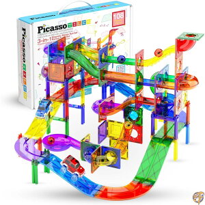 yő2000~N[|25`zPicassoTiles 108pc 2-in-1 Marble Run Car Race Track Combo Magnetic Tiles PicassoToys Magnet Building Block Educational Construction Toy Playset STEM STEAM Learning Kit Child Brain Development PTG108