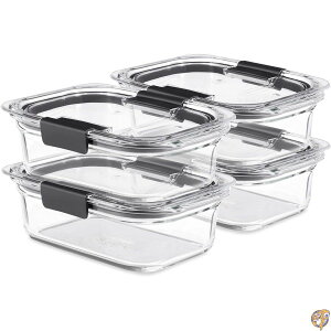 Rubbermaid Brilliance ガラスストレージ 3.2カップ 蓋付き食品容器 4個パック (合計8個) BPAフリー 漏れ防止 Mサイズ クリア
