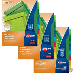 �y�N�[�|���z�M���z(3-pack, 8 Tab) - Avery 8-Tab Plastic Binder Dividers, Insertable Multicolor Big Tabs, 3 Sets (11901)
