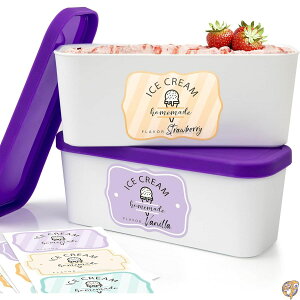 y300~N[|zMzSet of 2 Reusable Ice Cream Tub Containers For Homemade 1.6 Quart Ea. - Perfect for Sorbet, Frozen Yogurt Or Gelato Stackable Storage Containers, Stickers And Lids Stores Easily In Freezer