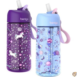 Bentgo Kids Water Bottle 2-Pack - New, Improved 2023 Leak-Proof BPA-Free 15 oz Cups for Toddlers & Children Flip-Up Safe-Sip Straw School, Sports, Daycare, Camp (Unicorn/Lavender Galaxy)