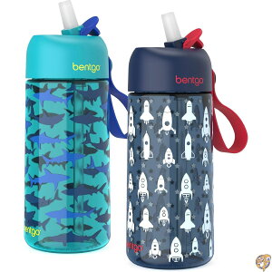 Bentgo Kids Water Bottle 2-Pack - New, Improved 2023 Leak-Proof BPA-Free 15 oz Cups for Toddlers & Children Flip-Up Safe-Sip Straw School, Sports, Daycare, Camp (Rocket/Shark)