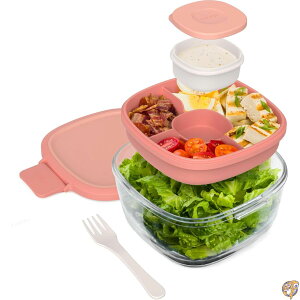 Bentgo Glass All-in-One Salad Container - Large 61-oz Bowl with Lid, 4-Compartment Bento-Style Tray, 3-oz Sauce Container, and Reusable Fork Dishwasher, Microwave, Oven Safe (Coral)