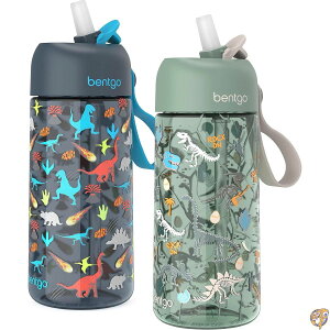 Bentgo Kids Water Bottle 2-Pack - New, Improved 2023 Leak-Proof BPA-Free 15 oz Cups for Toddlers & Children Flip-Up Safe-Sip Straw School, Sports, Daycare, Camp (Dinosaur/Dino Fossils