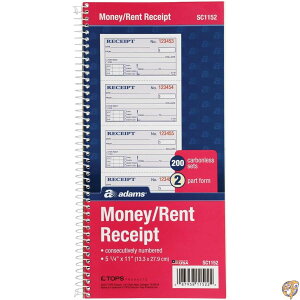 Two-Part Rent Receipt Book, 2 3/4 x 4 3/4, Carbonless, 200 Forms