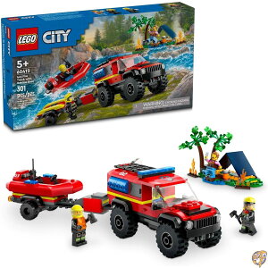 �y�N�[�|���z�M���zLEGO City 4x4 Fire Truck with Rescue Boat Toy for Kids Ages 5 and Up, Pretend Play Boys Girls a Toy, Trailer, Dinghy Tent, Plus 1 Camper 2 Firefighter Minifigures, 60412