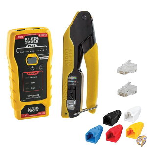 Klein Tools 80093 Cable Tester, VDV LAN Kit with Pass Thru Crimper, CAT6/CAT5e Plugs and Strain Relief Boots, 5-Piece