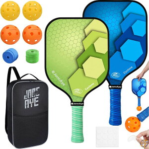 Pickleball-Paddles-Set-of-2, JoncAye Pickleball Racquets with Indoor Outdoor Balls, Paddle Case, Ball Bag, Lead Tape | Fiberglass Pickle-Ball-Paddle-Set-of-2 for Beginners Intermediates, Blue Green
