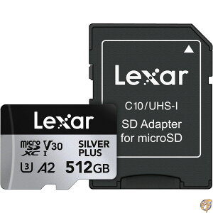 Lexar 512GB Professional Silver Plus Micro SD�J�[�h UHS-I C10 U3 V30 �t��HD & 4K �ő�205/150MB/s microSDXC�������[�J�[�h �r�f�I�O���t�@�[/�Q�[�}�[���� (LMSSIPL512G-BNANU)