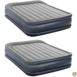 Intex Dura Beam Deluxe Fiber Tech Pillow Rest Raised Velvet Blow Up Air Mattress Bed with Built in Electronic Pump and Carrying Bag, Queen (2 Pack)