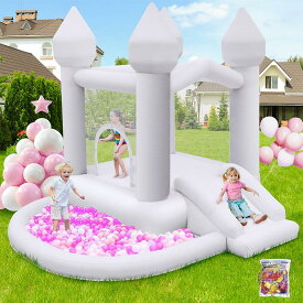 ホワイト バウンスハウス FBSPORT エフビースポーツ ウェディング 結婚式 パーティー仕様 デコレーション バルーン100個付き 大型エアー遊具 すべり台 ボールプール キッズスペース 誕生日会 ベビーシャワー 二次会 記念撮影 屋内 屋外 家庭用 約253×241×274cm 日本未発売