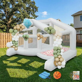 ホワイト バウンスハウス JOYMOR ジョイモア ウェディング 結婚式 パーティー仕様 デコレーション 大型エア遊具 ボールプール バスケットゴール バルーン付き 誕生日会 記念撮影 イベント 屋外 庭遊び キッズスペース 二次会 ふわふわ遊具 約400×300×240cm 日本未発売