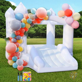ホワイト バウンスハウス Puligoth プリゴス ウェディング 結婚式 パーティー仕様 デコレーション バルーン100個付き 大型エア遊具 すべり台 お城型 キッズスペース ベビーシャワー 誕生日会 ホームパーティー ウェディングフォト 記念撮影 約267×203×203cm 日本未発売品