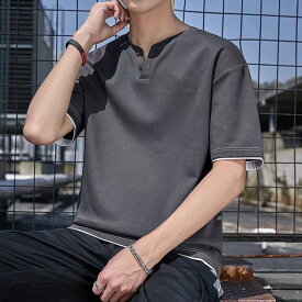 tシャツ メンズ 半袖 重ね着風 夏服 五分袖 通気性 速乾 Vネック カジュアル ゆったり 無地 オシャレ かっこいい 夏