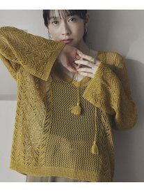 【SALE／60%OFF】透かし編みキーネックニットプルオーバー DOUX ARCHIVES ドゥアルシーヴ トップス ニット ベージュ イエロー ブルー【RBA_E】[Rakuten Fashion]