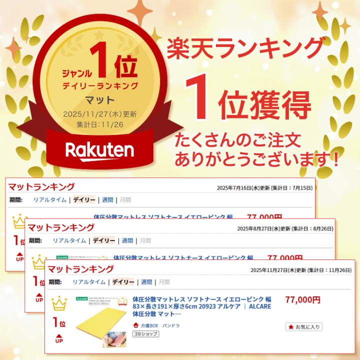 楽天市場】体圧分散マットレス ソフトナース イエローピンク 幅83×長さ