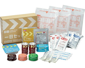 レスキューフーズ 一日セットスタンダード (白いごはん1個、もち麦のトマトリゾット1袋、おかゆ1缶、ビーフカレー1袋、ポテトツナサラダ1缶、とりそぼろ1缶、牛肉大和煮1缶、みそ汁2缶、