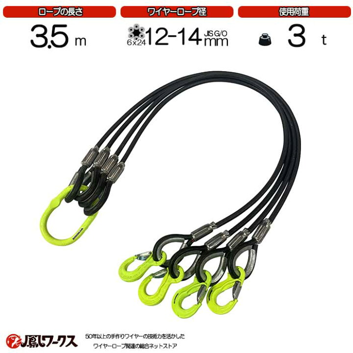 楽天市場】4点吊ワイヤー 12-14mm(4分)×3.5m マーテック 被覆 使用 