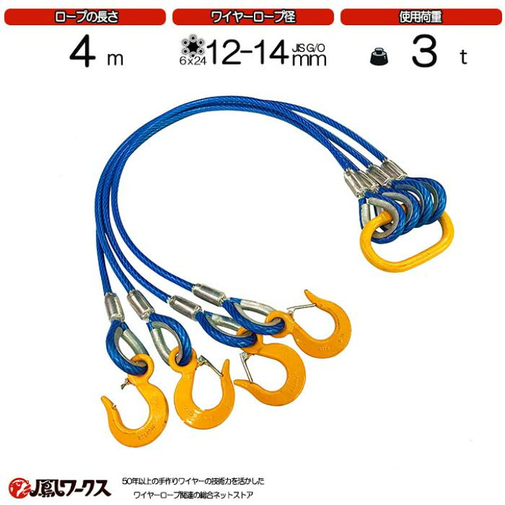 楽天市場】4点吊ワイヤーロープ 12-14mm(4分)×4m キトー 被覆 JIS規格 