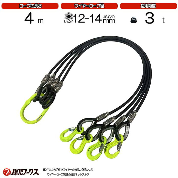 楽天市場】4点吊ワイヤー 12-14mm(4分)×4m マーテック 被覆 使用荷重 