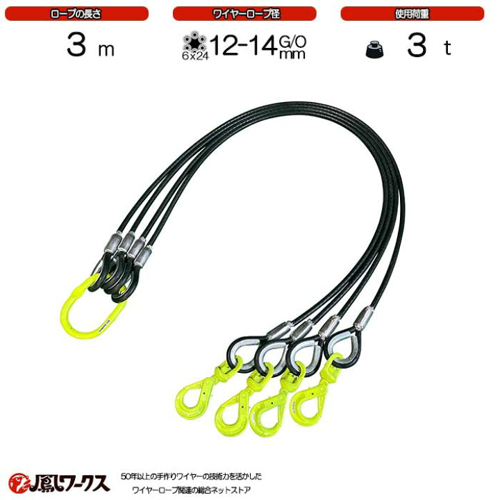 楽天市場】4点吊ワイヤー 12-14mm(4分)×3m スイベルフック マーテック 