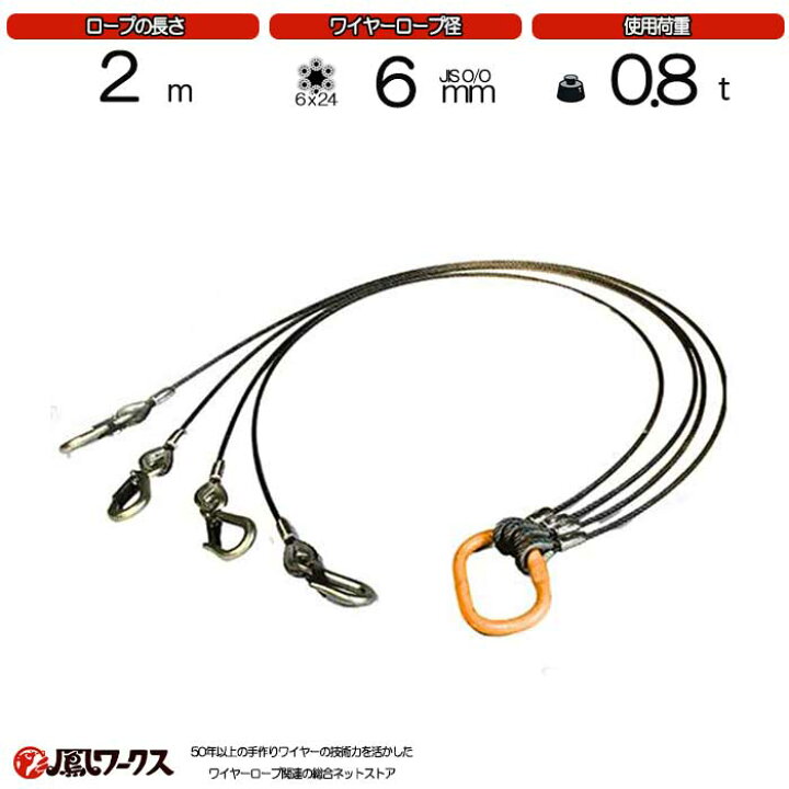 楽天市場】4点吊ワイヤーロープ 6mm(2分)×2m JIS規格 キトー 使用 