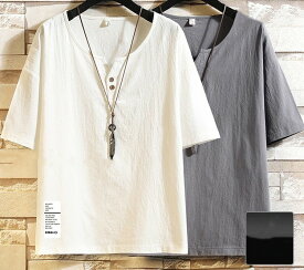 綿麻Tシャツ メンズ 夏服 無地Tシャツ Vネック リネンTシャツ 半袖Tシャツ 大きいサイズ 送料無料