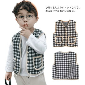 送料無料 ベスト キッズ ノースリーブ アウター ジャケット トップス 綿 薄手 チェック 子供服 子ども服 男の子 女の子 重ね着 襟無し フード無し カジュアル 赤ちゃん ベビー ベスト 羽織り 可愛い 冷房対策 保育園 幼稚園 通学 通園 ギフト 春 夏