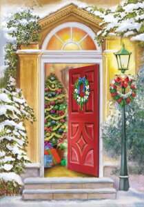 USA designer greeting クリスマスカード 超大判 クリスマス飾りの赤いドア Open Door and Lamp Post