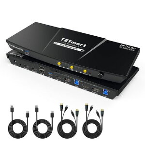TESmart KVM�X�C�b�` HDMI+DisplayPort 2����2�o�� �f���A���f�B�X�v���C�ؑ֊� USB3.0�Ή� 2��p�\�R��2���j�^�[�Ή� 4K@60Hz �g���\�� EDID�G�~�����[�V�����A�z�b�g�L�[�A�����R������