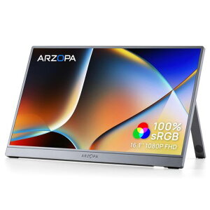 ARZOPA 16.1�C���` ���o�C�����j�^�[ �O���[ | �t��HD IPS����� 100%sRGB | �X�^���h���� IPS �A�C�P�A ��u���[���C�g ���F�� | ���^�E�y�� | �e�����[�N/PS5/Switch/PC�Ή� | Type-C/HDMI