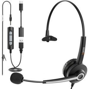 Wantek �w�b�h�Z�b�g USB Type-C 3.5mm �Ў� �m�C�Y�L�����Z�����O�}�C�N�t�� 3��ރv���O�w�b�h�Z�b�g Skype�AWeb��c�A�R�[���Z���^�[�A�����[�g���[�N�A�ݑ�Ζ��ɓK�p����� �v�� �r�W�l�X �c