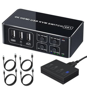 BLUPOW 4K60Hz PC4��p HDMI KVM�X�C�b�` �p�\�R���ؑ֊� 4����1�o�� �L�[�{�[�h�E�}�E�X�E���j�^�[�����L �����A���~�������f�� HDMI2.0�EHDCP2.2�Ή� USB�P�[�u���t�� VA570