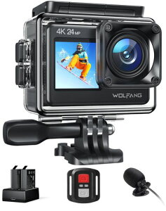 WOLFANG GA200 �A�N�V�����J���� �y�}�C�N�t���z4K 24MP �h��40M �f���A���X�N���[���J���� EIS��U��␳ WiFi�����\�ȍL�p Vlog�J���� (�[�d��A2�̃o�b�e���[�A�����R���ƃA�N�Z�T���[�L�b�g)