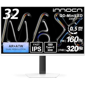 INNOCN GA32V1M MAX 32�C���` 4K �Q�[�~���O���j�^�[ QD-MiniLED AR�ᔽ��xATW�L����p 4K 160Hz/FHD 320Hz �f���A�����[�h 2304�]�[�� HDR1000 0.5ms MPCS Type-C 90W