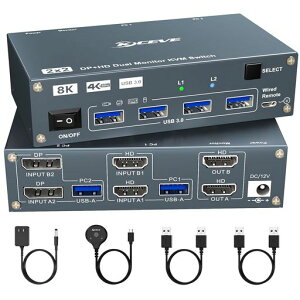 KCEVE �f���A�����j�^�[ KVM�X�C�b�`�A2PC(HDMI/DP)�n�����́A8K@60Hz/4K@120Hz �Ή��AUSB3.0�|�[�gx4