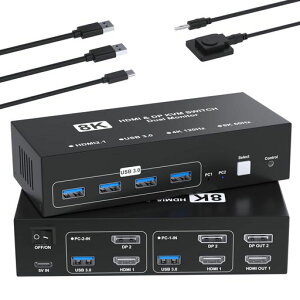 8K@60Hz HDMI+DisplayPort KVM�X�C�b�` 2����2�o�� PC 2�䃂�j�^�[2�� KVM �ؑ֊� �p�\�R��2�䃂�j�^�[2��؂�ւ� 4��USB 3.0�|�[�g �L�[�{�[�h/�}�E�X/�v�����^�[/���̃f�o�C�X�Ή� �p�\�R���ؑ֋@ PC