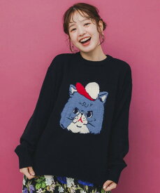 ★SALE★【ScoLar スカラー】153725 キャップネコ柄ジャガードニットプルオーバー トップス カジュアル レトロ 猫 原宿系 個性的【パッパドゥドゥ】