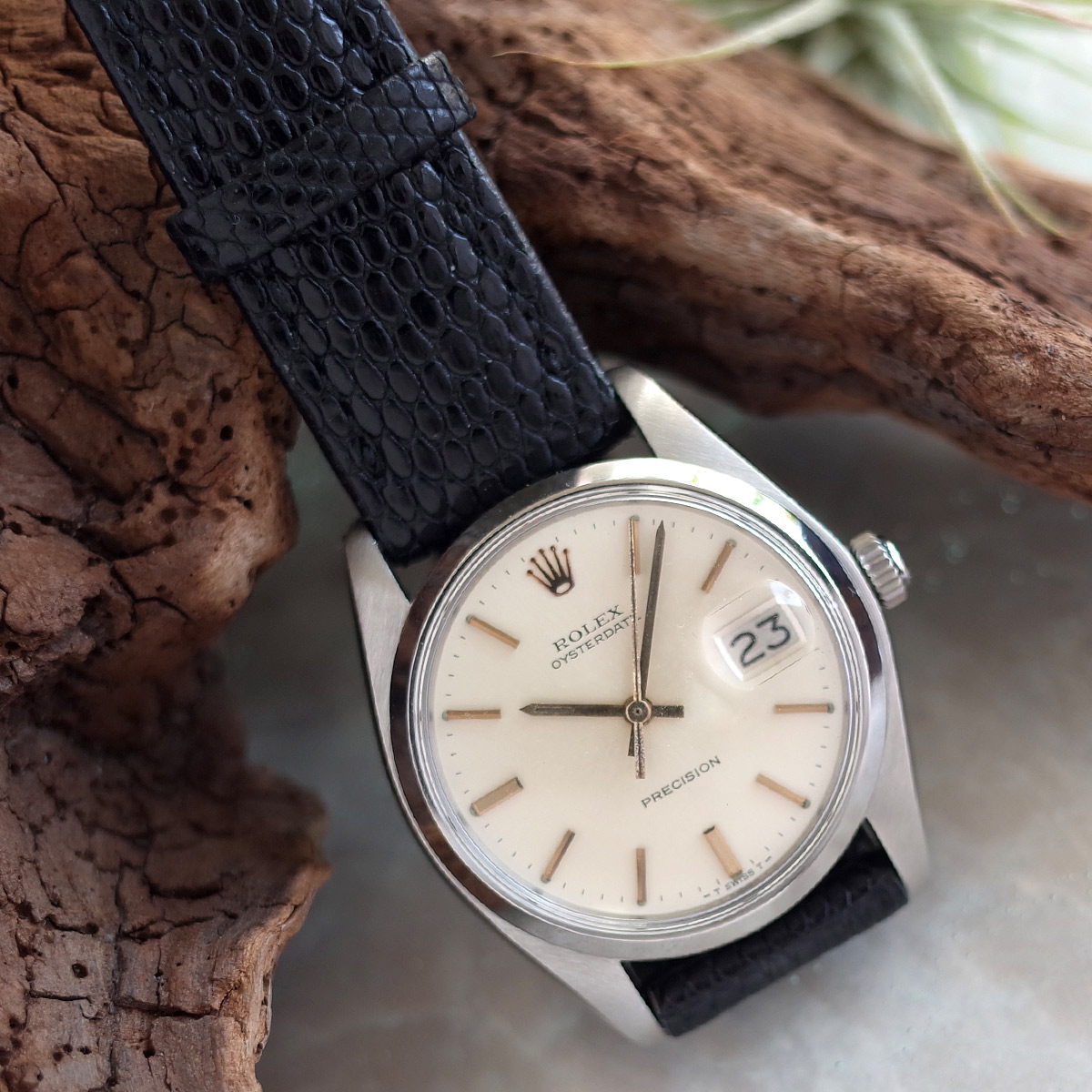 ロレックス 6694 1973年製 オイスターデイト プレシジョン アイボリー ゴールド針 純正尾錠 リザード革ベルト 手巻 メンズ 腕時計 ROLEX OH済1年保証