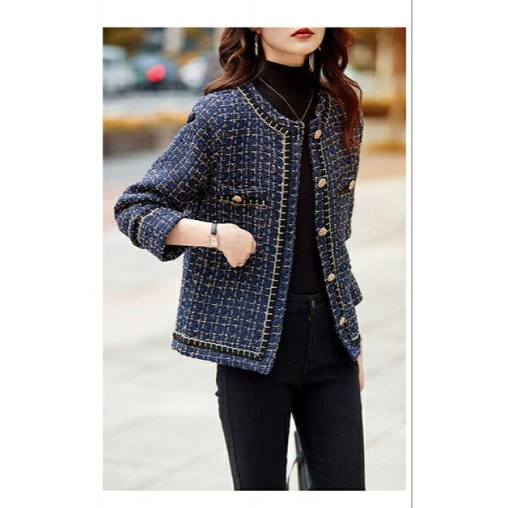 楽天市場】ノーカラージャケット ネイビー系 ツイードジャケット 長袖  