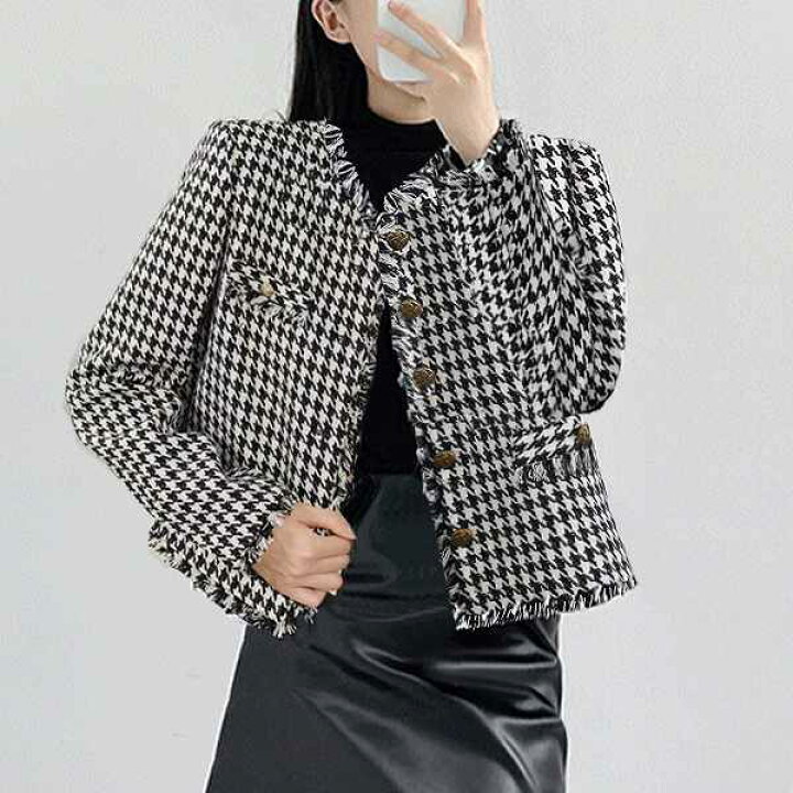 楽天市場】ギンガムチェックノーカラージャケット ツイード千鳥格子  