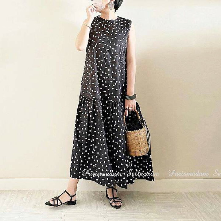 楽天市場】ドット柄ロングワンピース ティアードスカート 切り替え 
