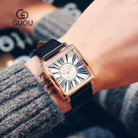 『 時計のプレゼントを贈る 』GUOU 腕時計 メンズ レディース 男女兼用 ユニセックス ウォッチ アクセサリー かわいい おしゃれ ゴールド ブレスレット 四角形 革ベルト カレンダー8093【SALE セール】