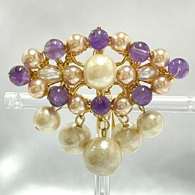 ハンドメイド　ポニーフック　天然石　アメジスト　コットンパール